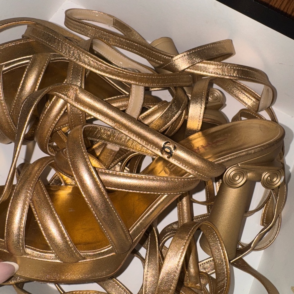 CHANEL Metallic Gold Strappy Heels